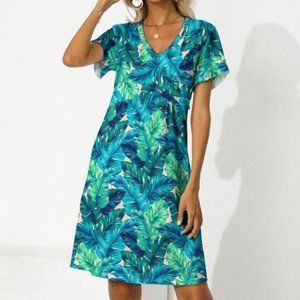 PixieLady | Blue & Green Tropical V-Neck T-Shirt Dress